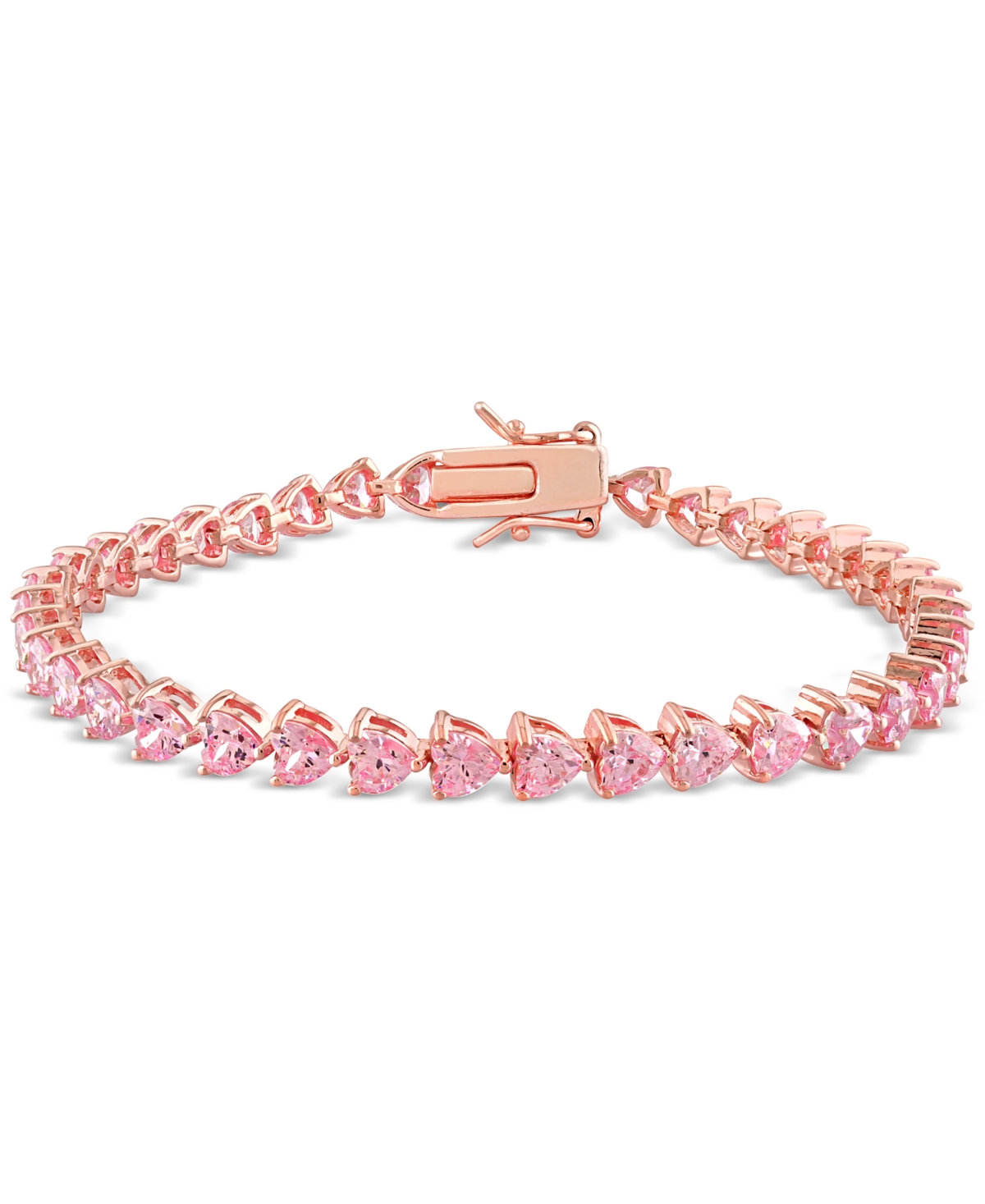 Macy's Lab-grown Pink Sapphire Heart Shape Tennis Bracelet (12-1/3 Ct. T.w.) In Rose-plated Sterling Silver In Pink Sapphire