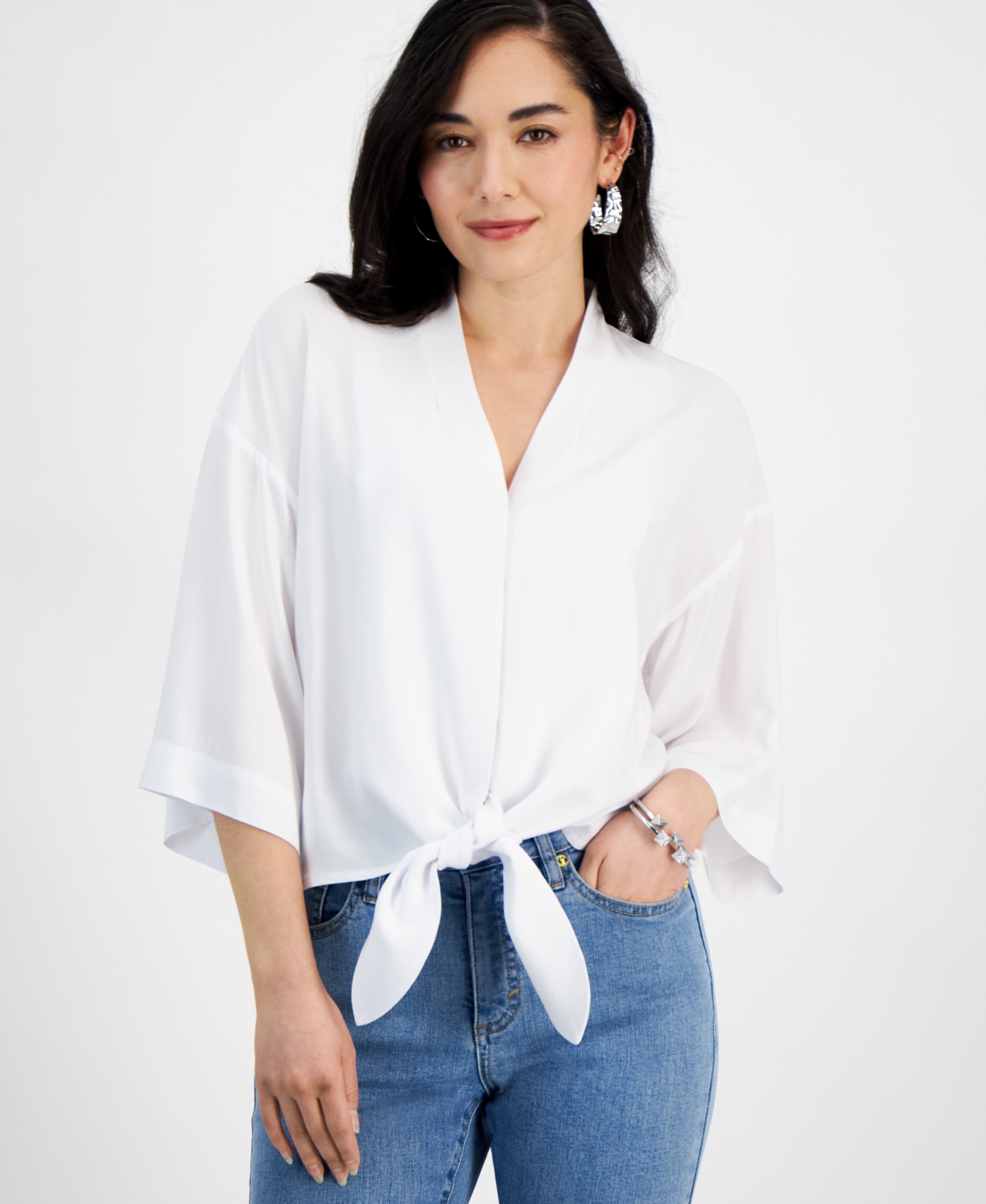 Shop Inc International Concepts Petite Tie-front Blouse, Created For Macy's In Bright White