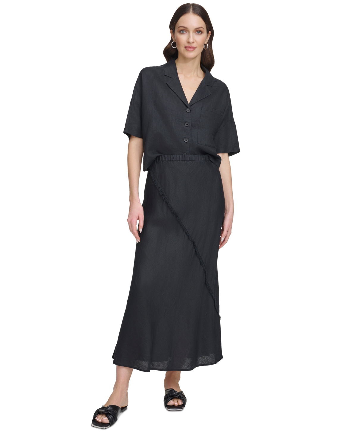 Shop Dkny Women's Pull-on Fringe-trim Linen Skirt In Black