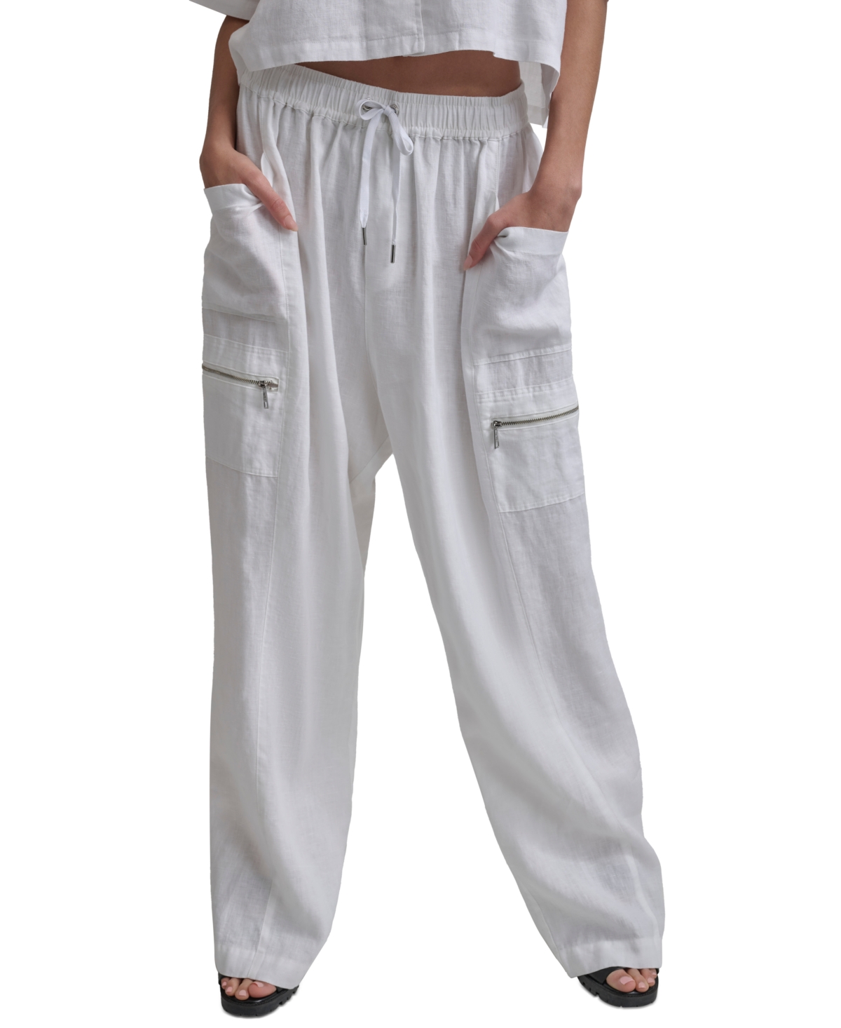 Shop Dkny Women's Pull-on Mid-rise Linen Cargo Pants In White