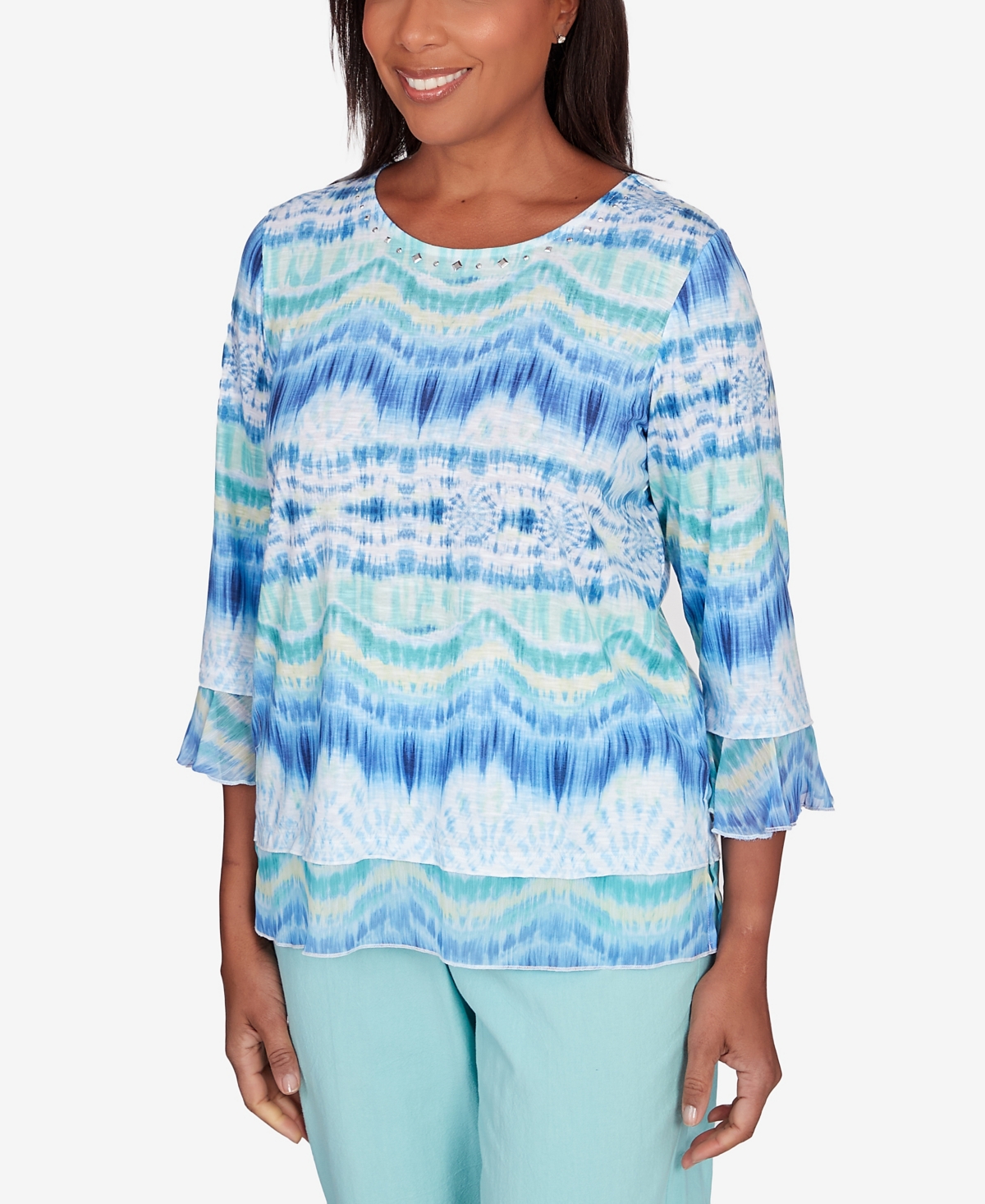 Alfred Dunner Women's Hyannisport Tie Dye Three Quarter Sleeves Top