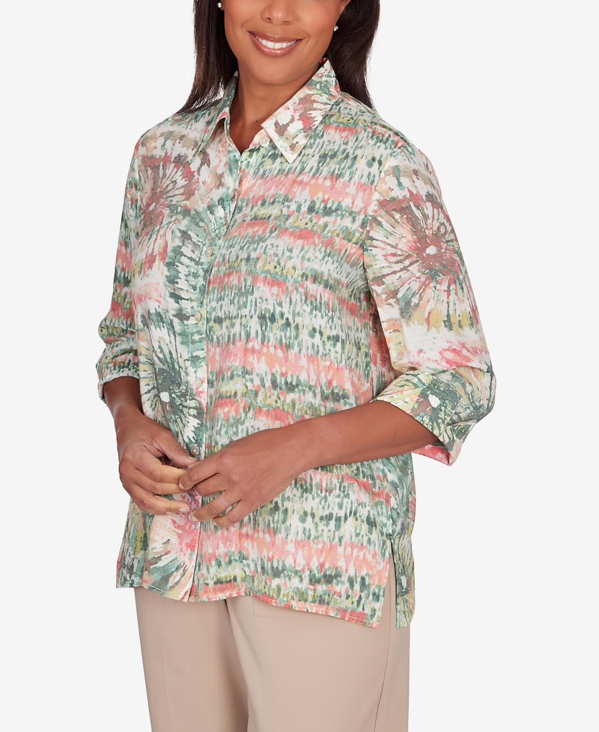 Shop Alfred Dunner Women's Tuscan Sunset Tie Dye Button Down Blouse Top In Multi