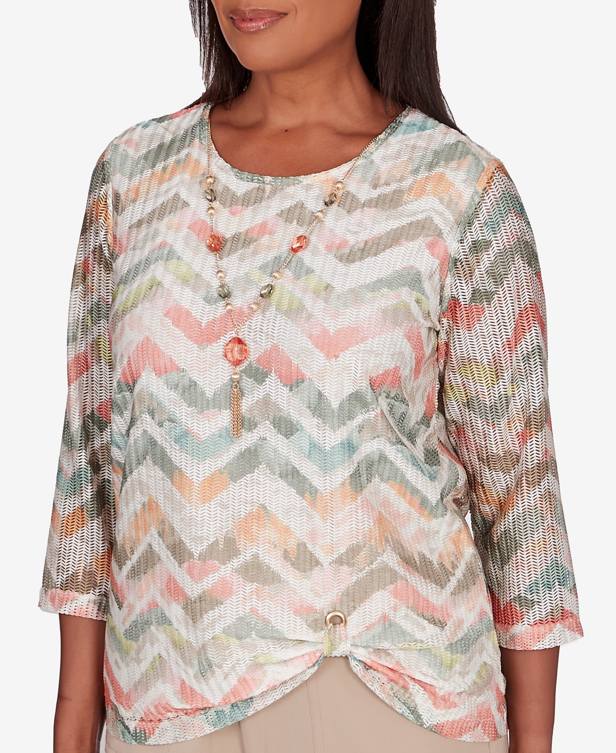 Shop Alfred Dunner Women's Tuscan Sunset Textured Chevron Twisted Detail Crew Neck Top In Multi