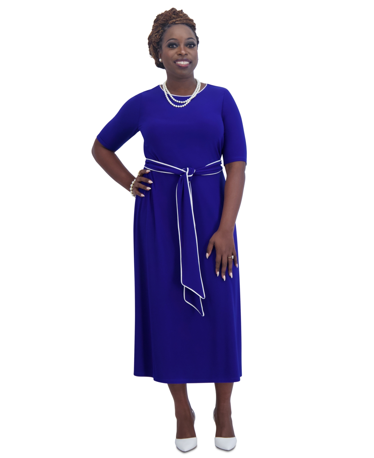 Kasper Women's Contrast-Trim Short-Sleeve Midi Dress