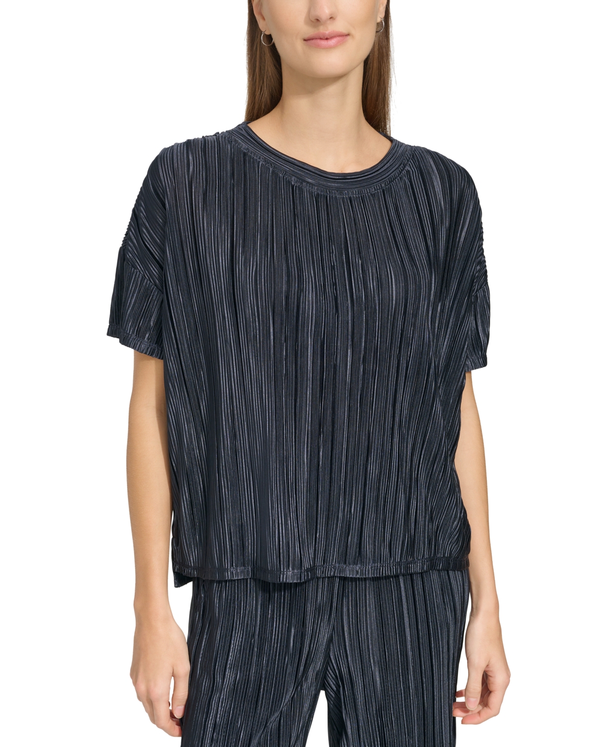 Andrew Marc Sport Women's Short-Sleeve Boxy Plisse Top - Ink