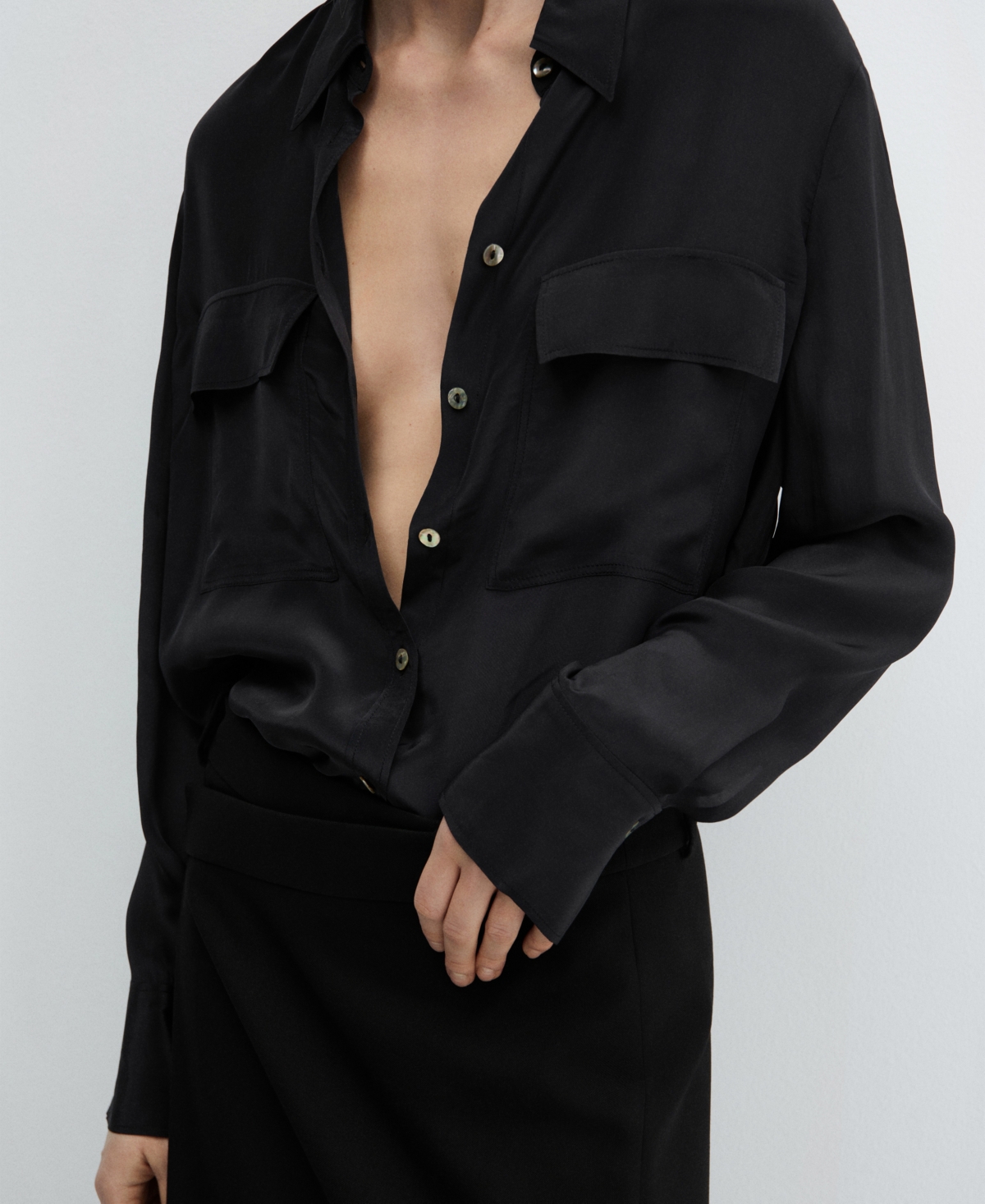 Mango Pockets Flowy Shirt Black In Medium Bro