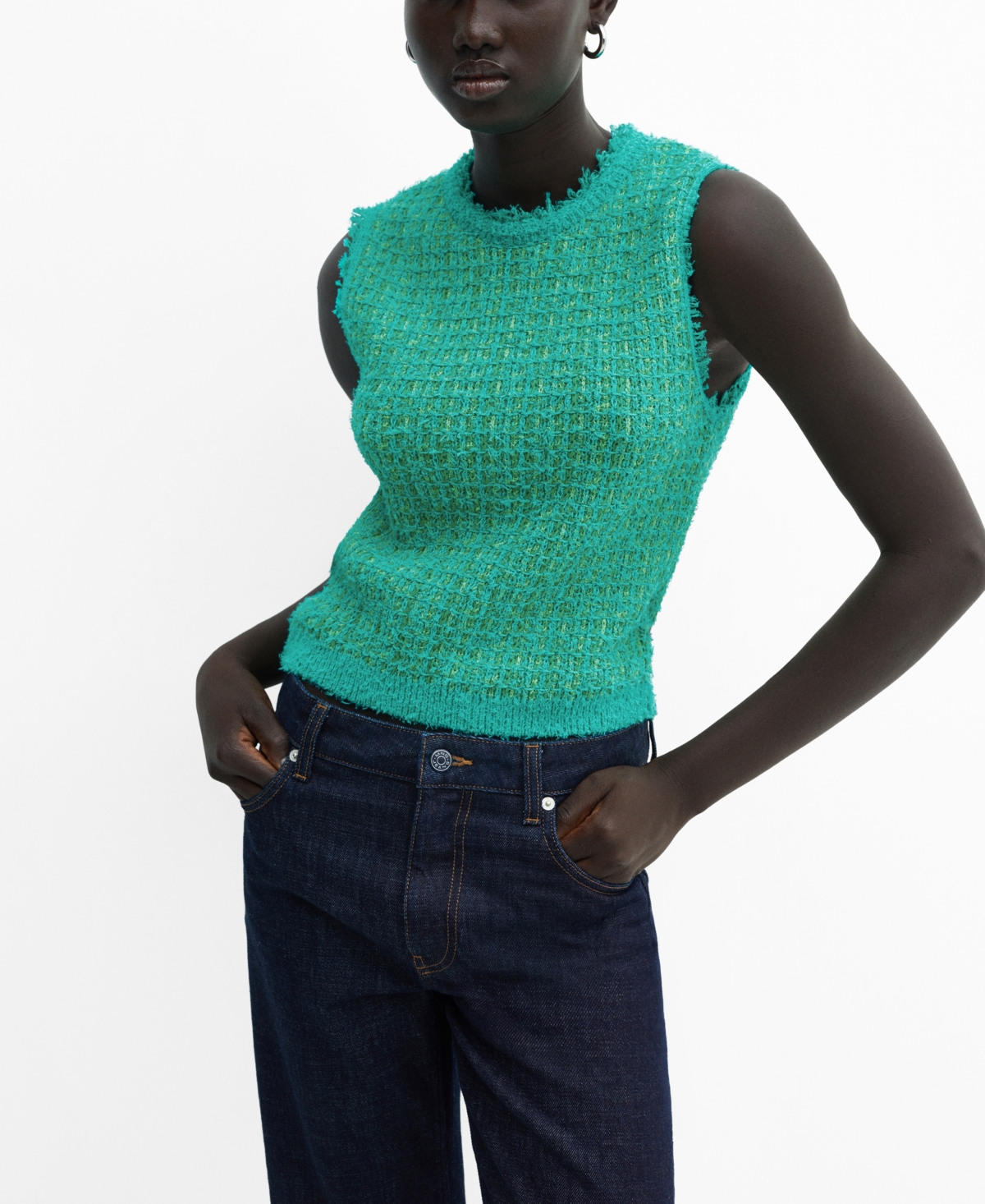 Shop Mango Women's Frayed Detail Tweed Top In Green
