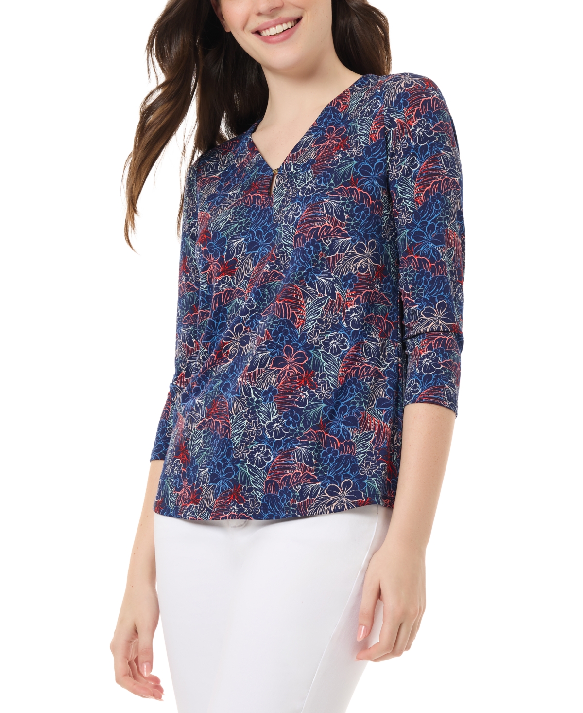 Women's Printed Moss Crepe V-Neck Top - Pacific Navy