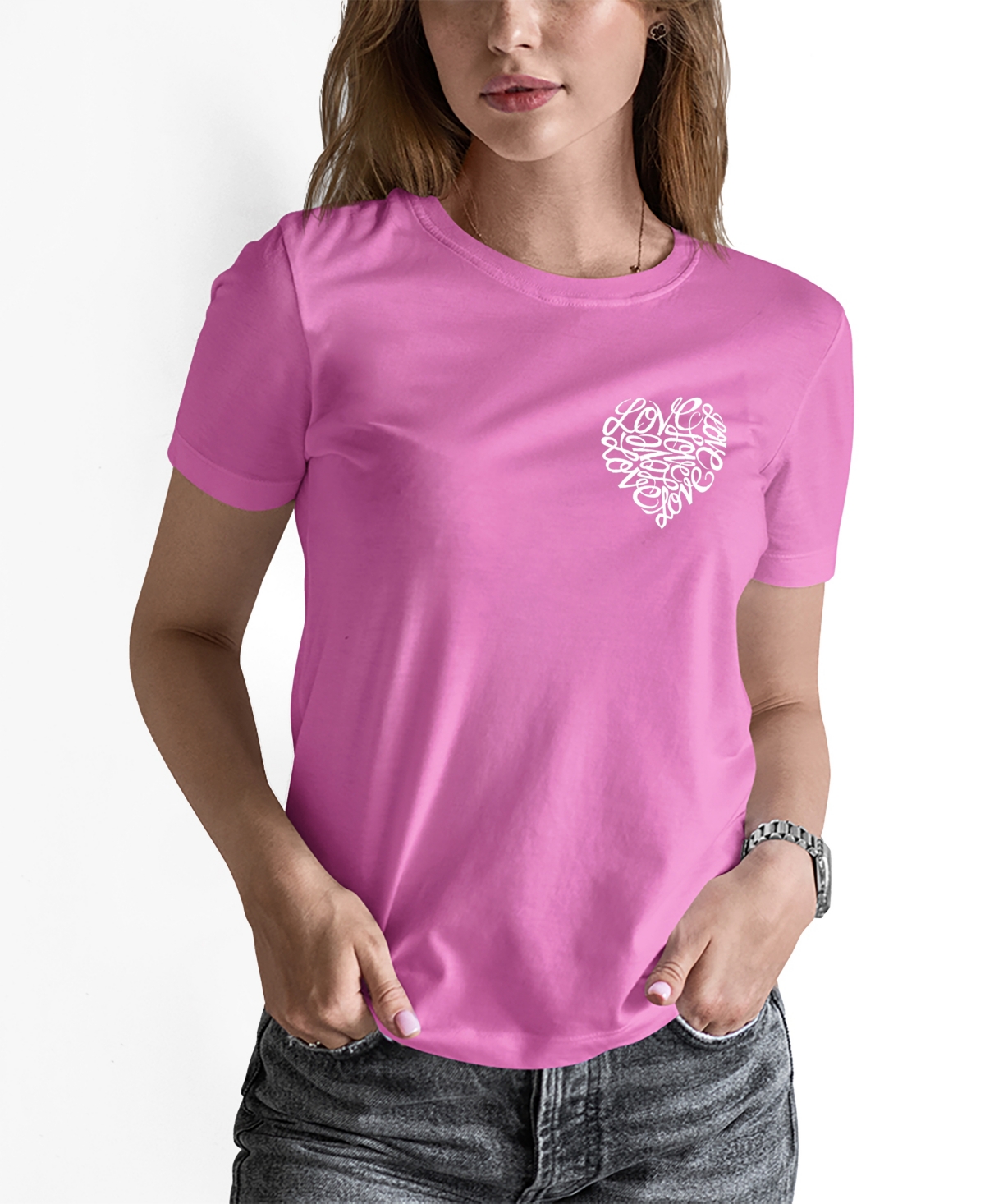 Shop La Pop Art Women's Word Art Cursive Heart T-shirt In Pink