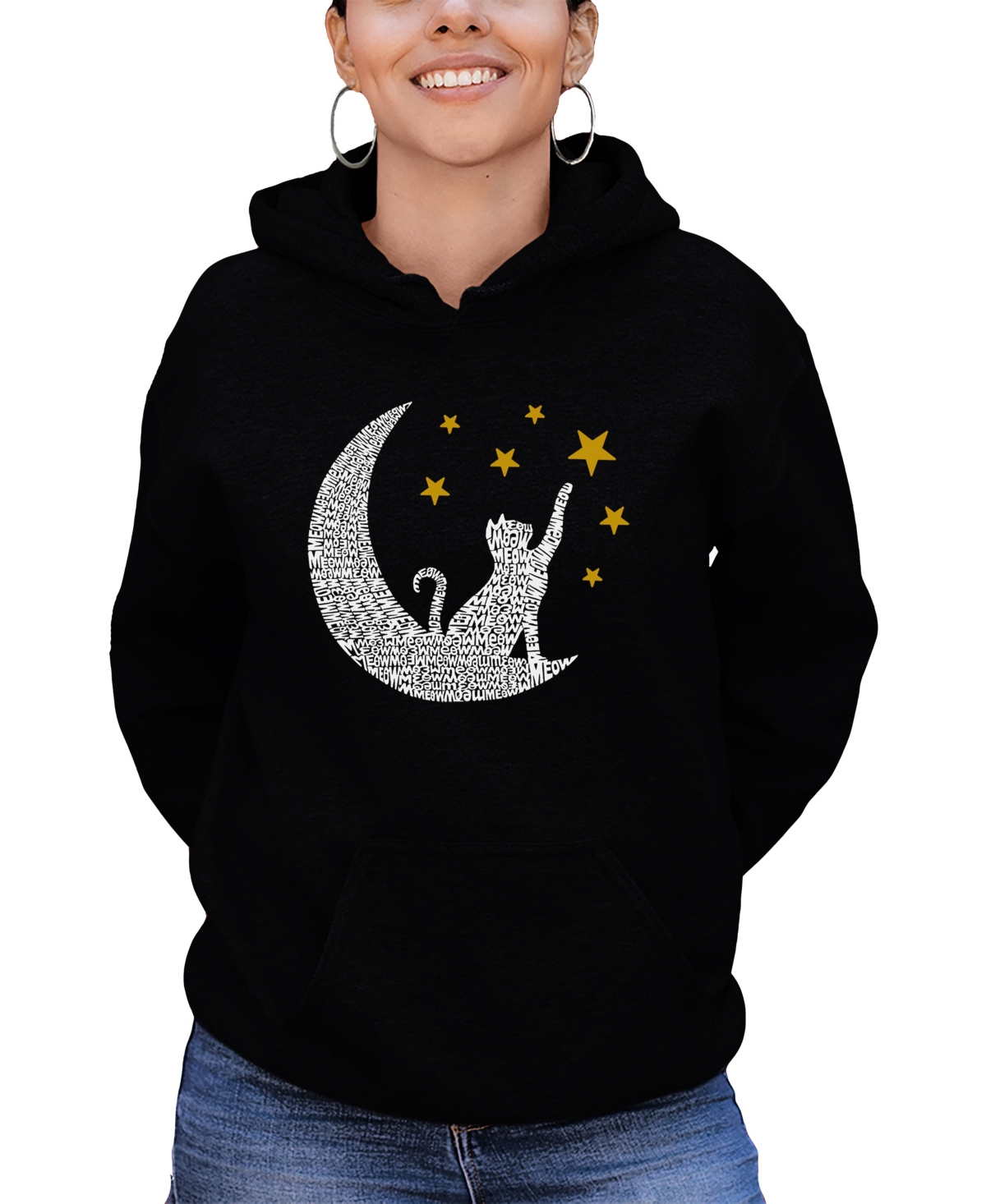 Shop La Pop Art Women's Word Art Cat Moon Hooded Sweatshirt In Black