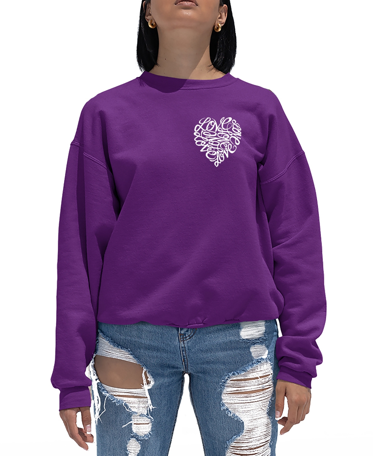 Shop La Pop Art Women's Word Art Cursive Heart Crewneck Sweatshirt In Purple