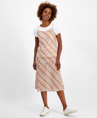 Nautica Women s Plaid Layered Look Midi Dress Pink Casual Dresses