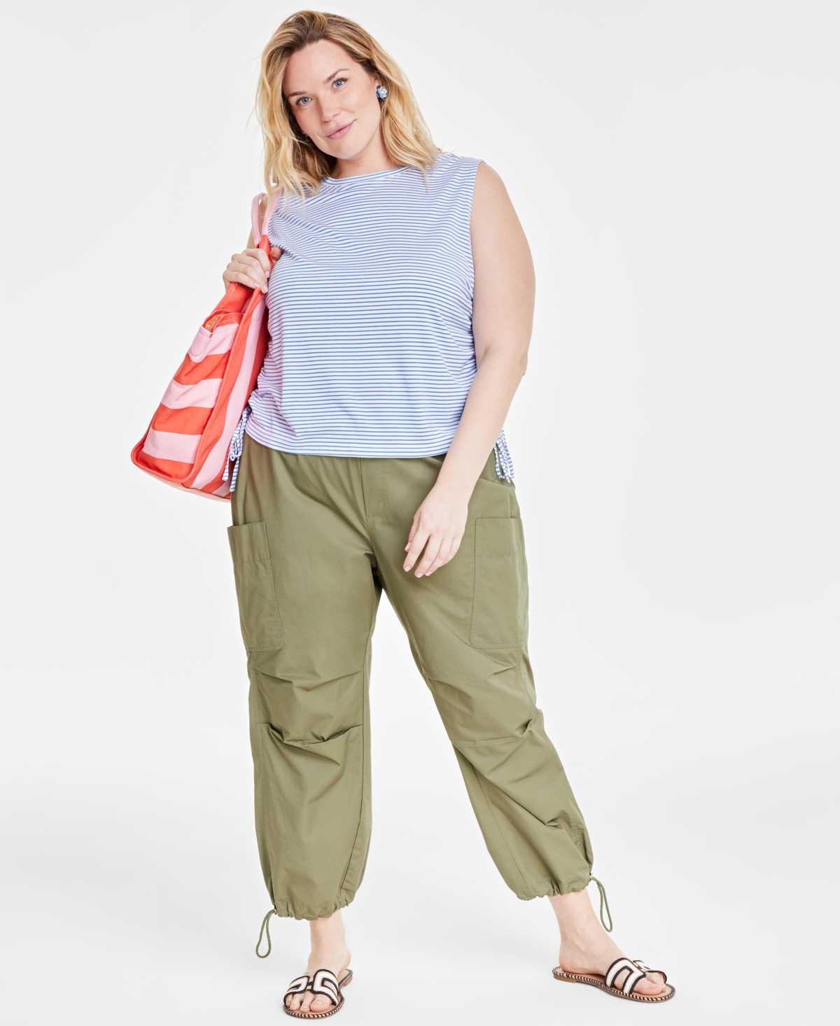 Trendy Plus Size Striped Cinched Muscle Tee, Created for Macy's - Regatta Cmb
