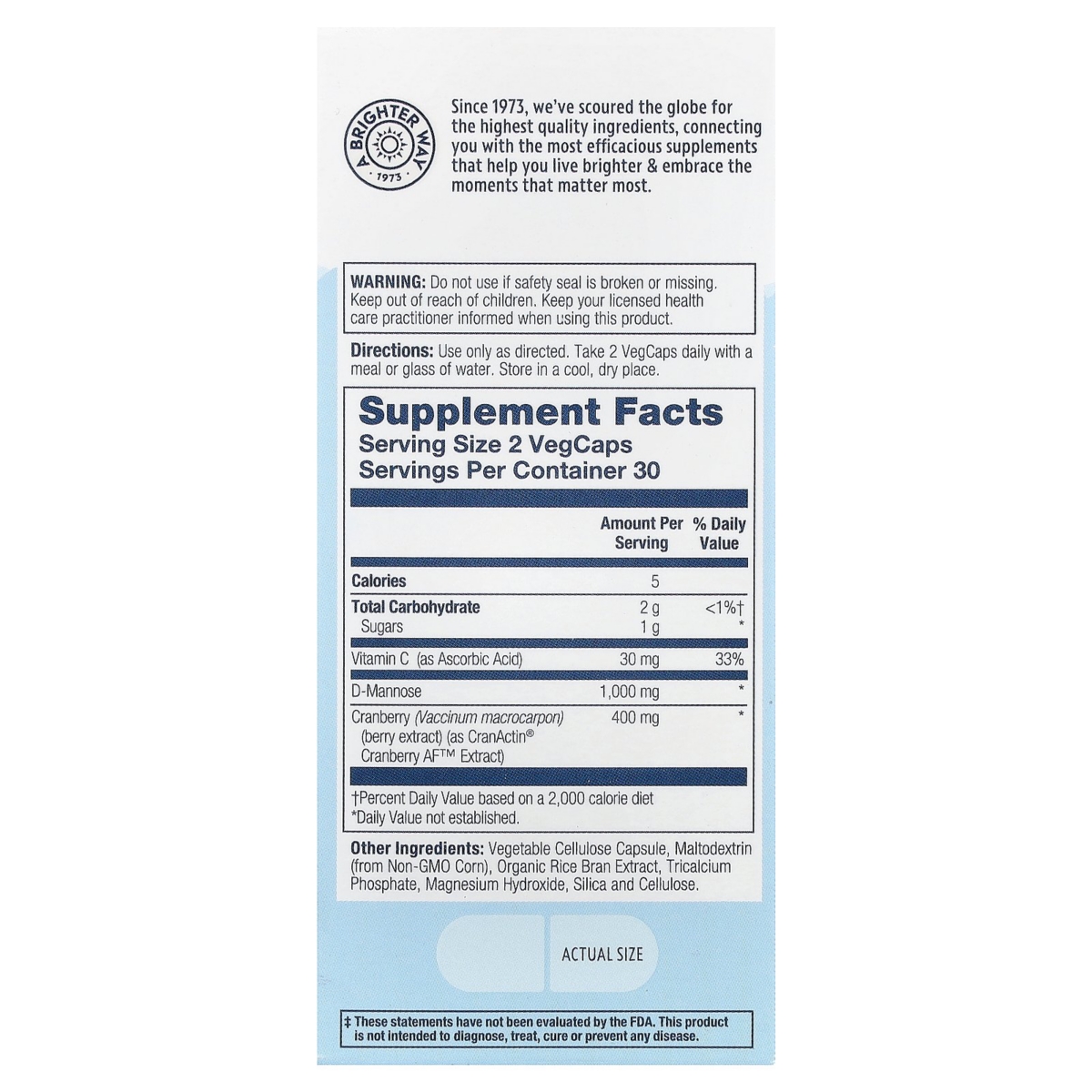 Solaray CranActin D-Mannose Urinary Tract Health 1 000 mg - VegCaps - Assorted Pre-pack (See Table 9