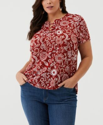 Plus Size Paisley Print Lace-Up Short Sleeve Tee Shirt