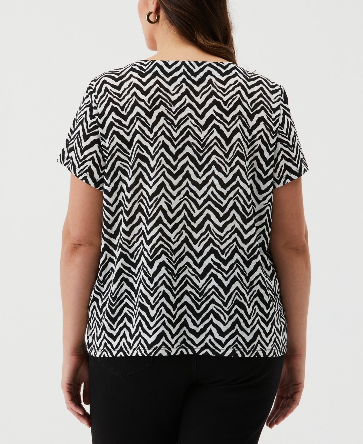 Shop Ella Rafaella Plus Size Chevron Print Lace-up Short Sleeve Tee Shirt In Black