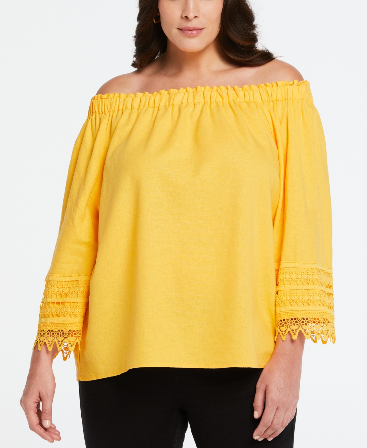 Shop Ella Rafaella Plus Size Linen Blend Peasant Top With Lace Sleeve In Amber Yellow