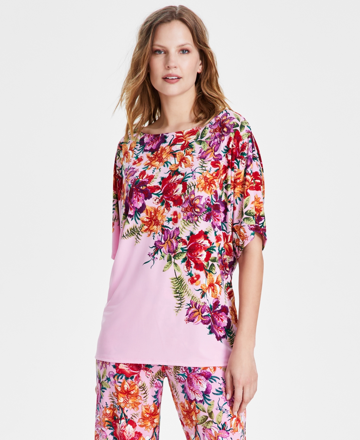 Shop Jm Collection Women's Printed Dolman-sleeve Top, Created For Macy's In Blosom Berry Combo
