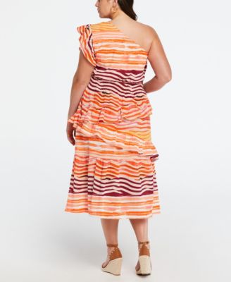 Plus Size Cotton One Shoulder Ruffle Midi Dress