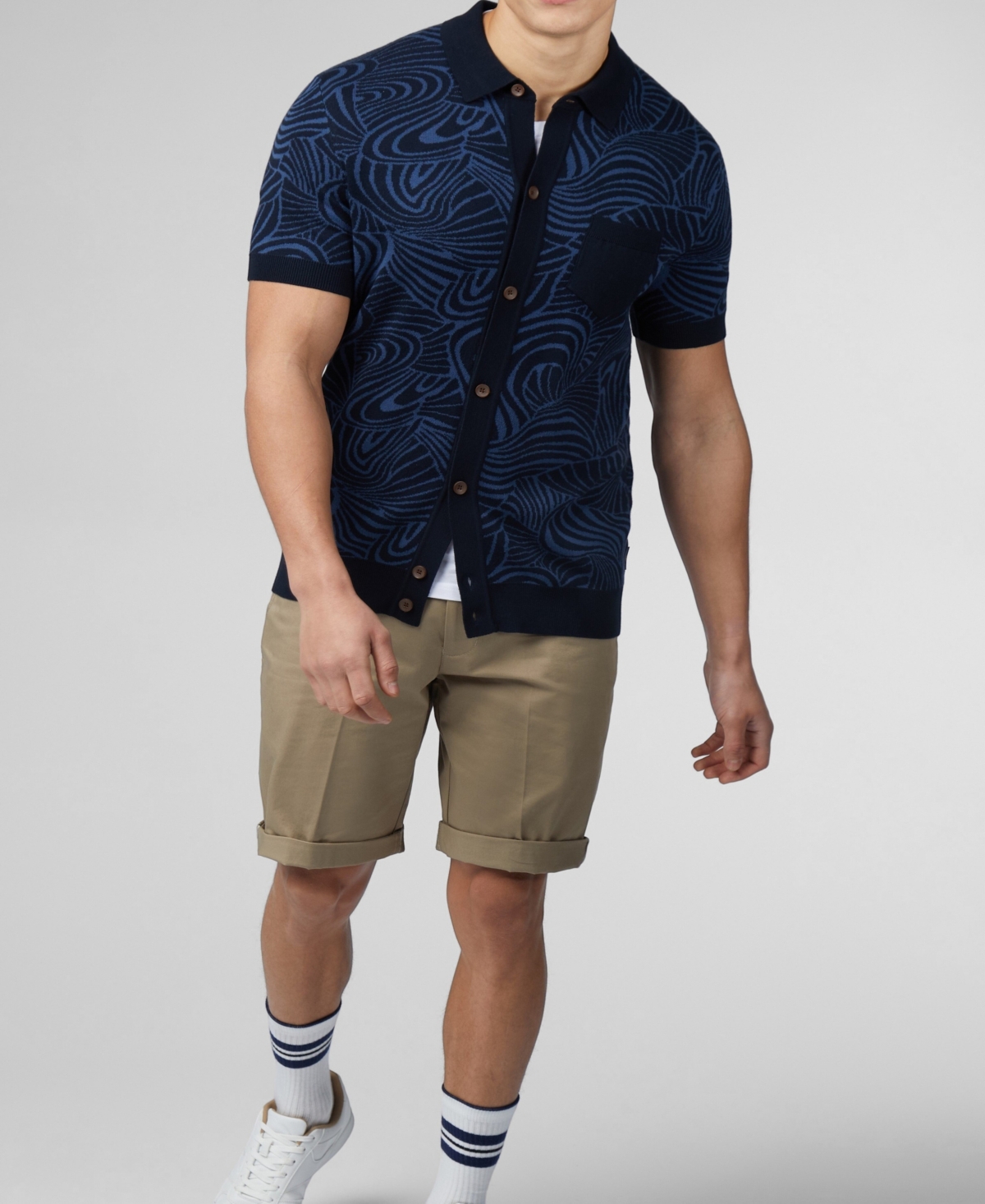 Men's Swirl Jacquard Button Through Polo Shirt - Dark Navy