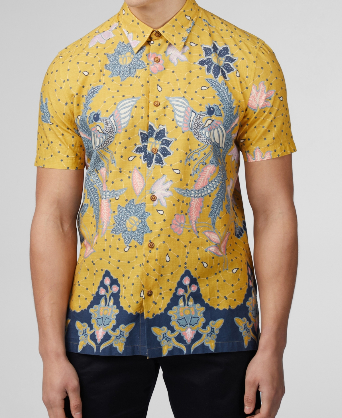 Men's Abstract Botanical Print Short Sleeve Shirt - Sunflower