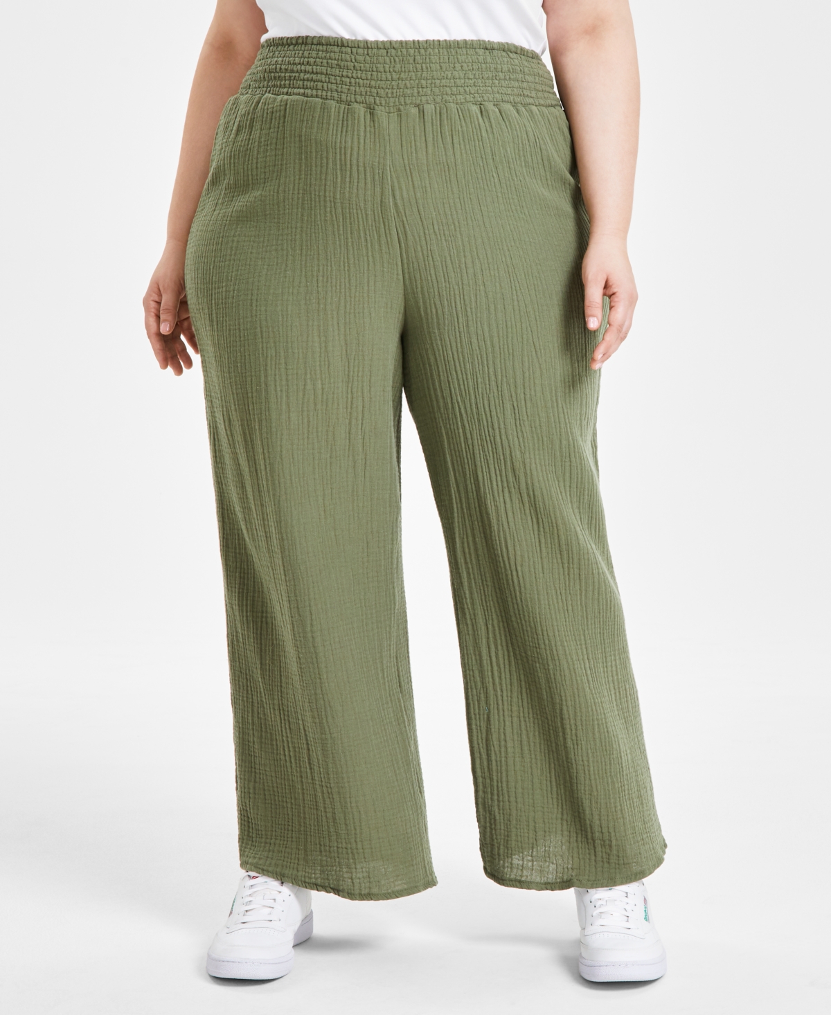 Shop Full Circle Trends Trendy Plus Size High Rise Cotton Gauze Wide-leg Pants In Olivine