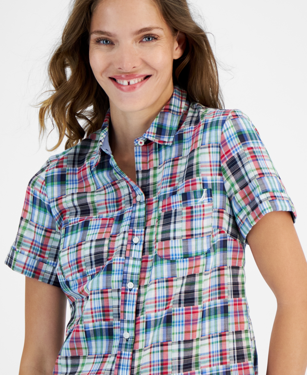 Shop Nautica Jeans Women's Patchwork Plaid Cotton Shirt In Nigh Sky M
