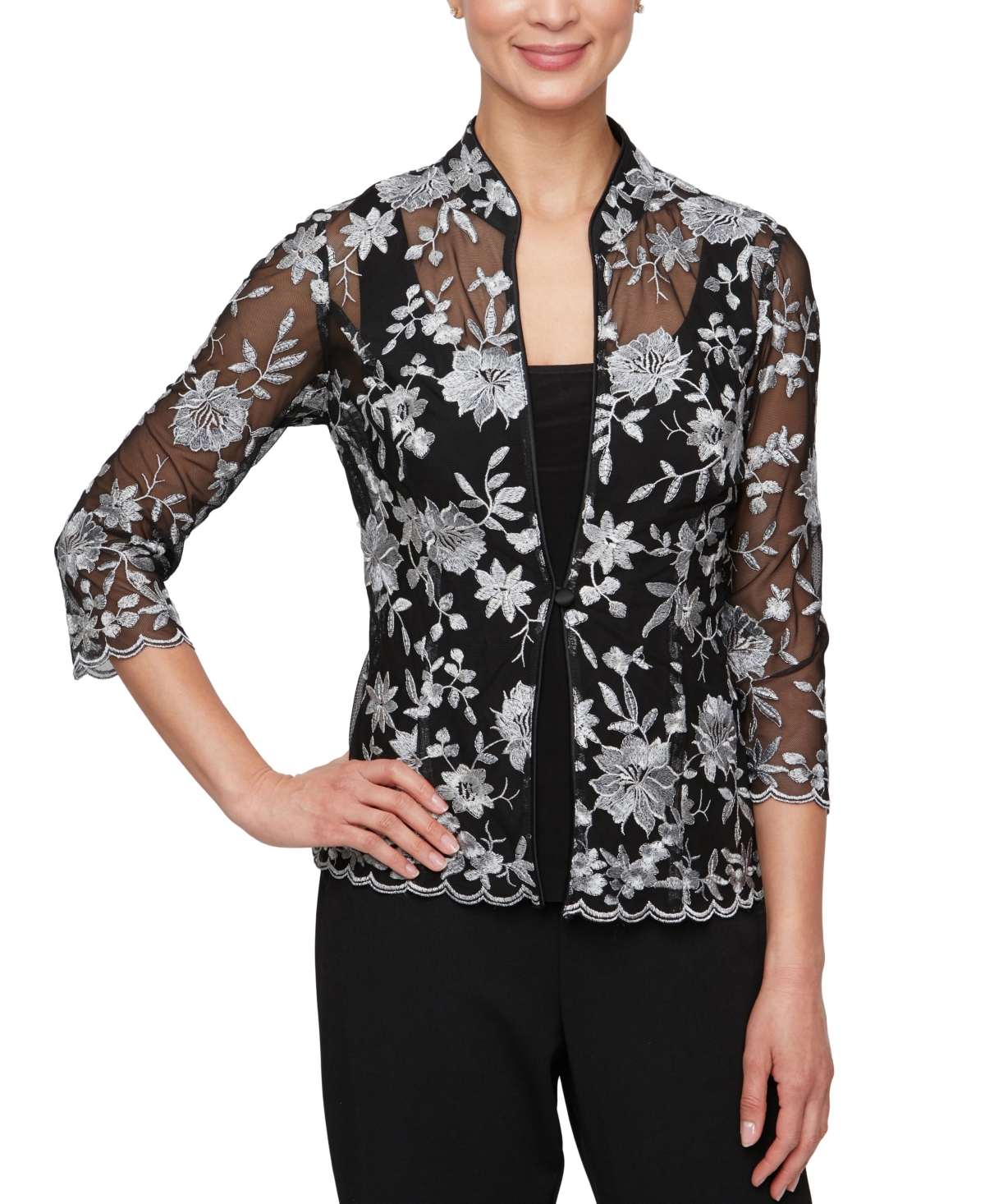 Shop Alex Evenings Petite Embroidered 3/4-sleeve Jacket & Tank Set In Black Silver
