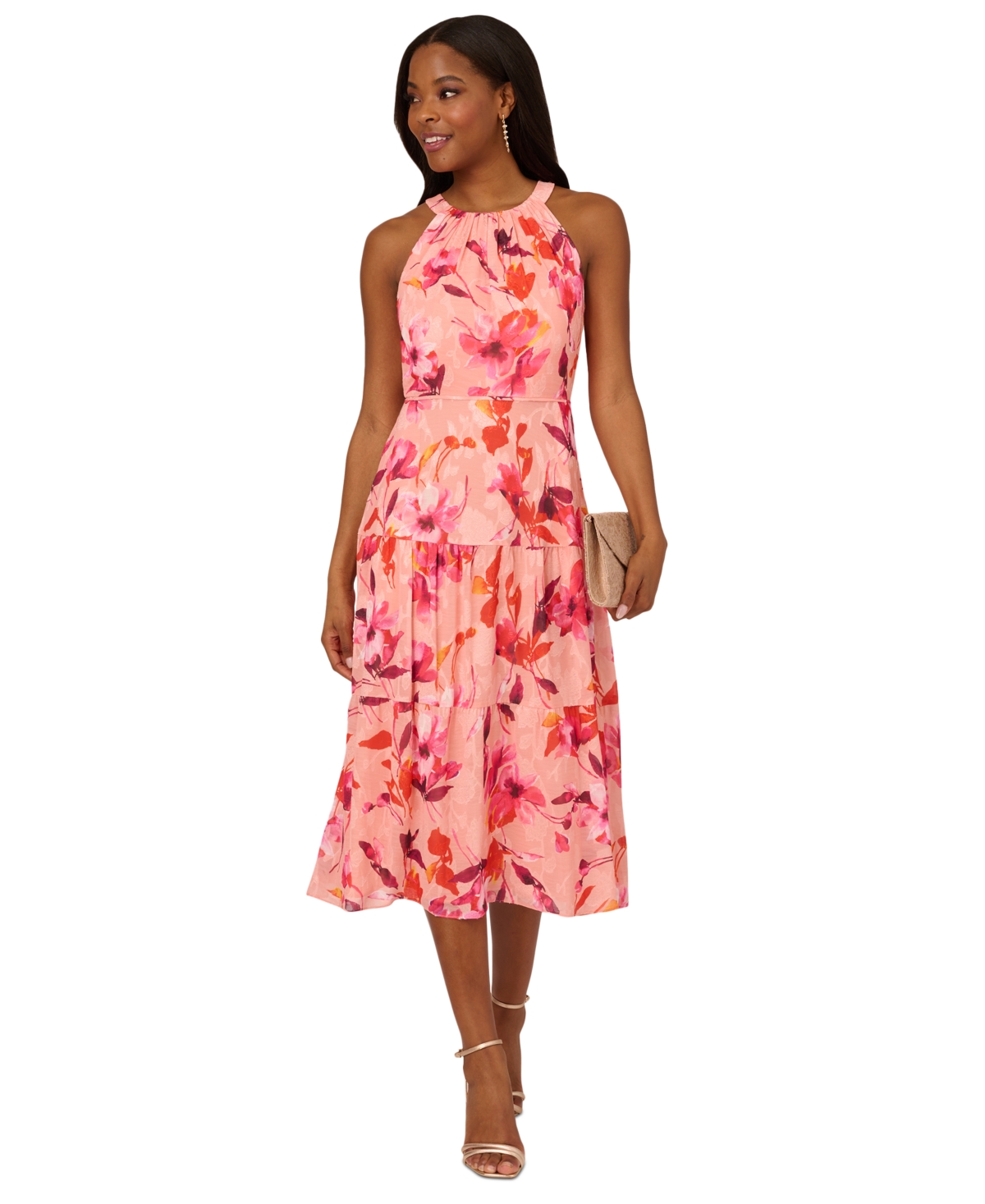 Shop Adrianna Papell Women's Floral Print Tiered Sleeveless Midi Dress In Apricot Multi