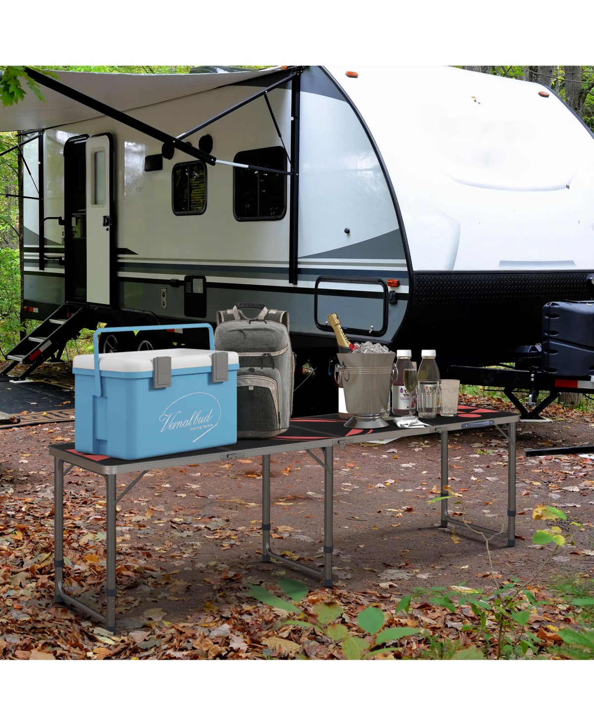 Outsunny Folding Camping Table with Adjustable Legs, Black and Red - Black and red