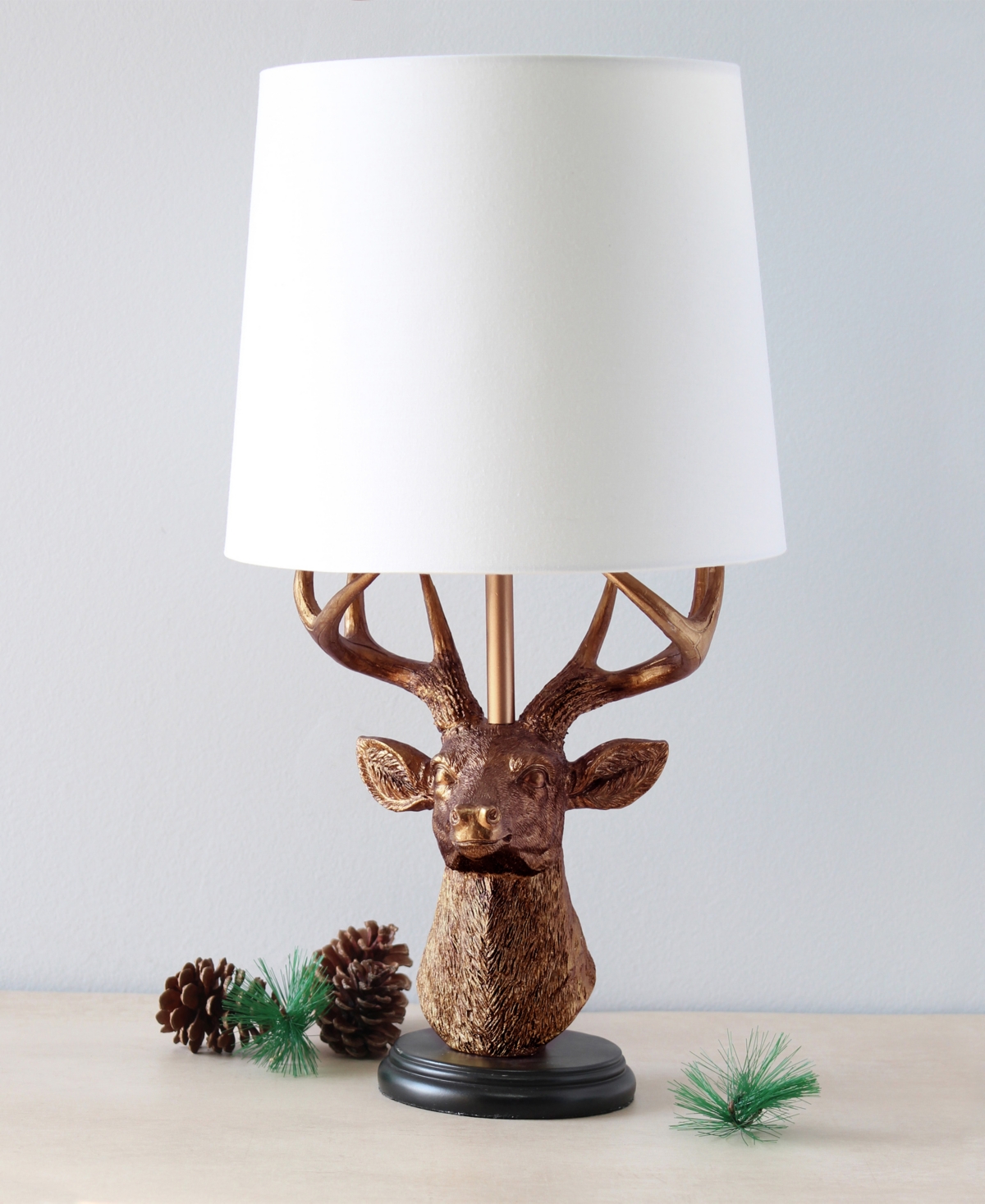 Simple Designs Woodland 17.25" Tall Rustic Antler Copper Deer Bedside Table Desk Lamp With Tapered White Fabric Sha In Copper