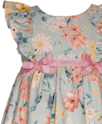 Baby Girls Floral Dress with Pinafore Ruffles and Ribbon Trim