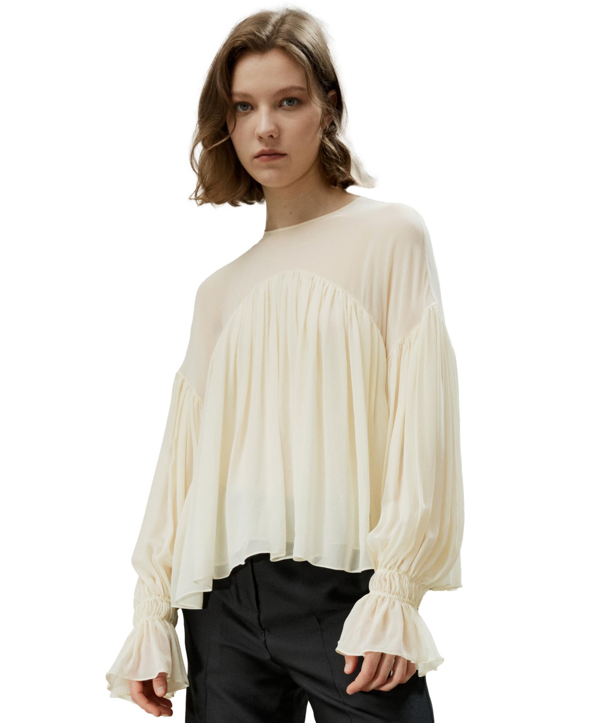 Women's Sheer-shoulder Ruffle Shirt for Women - Custard white