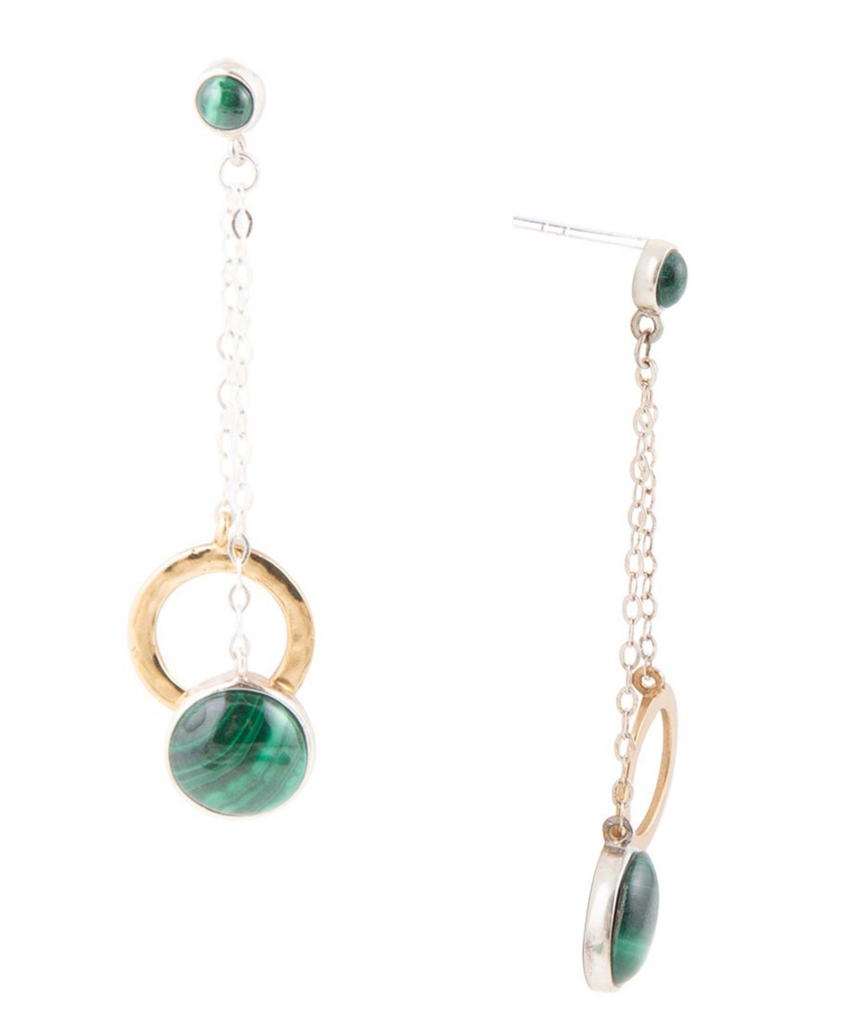 Two Toned Genuine Malachite Circle Dangle Earrings - Green