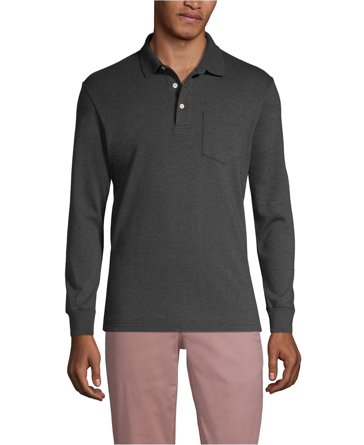 Big & Tall Long Sleeve Cotton Supima Polo Shirt with Pocket - Dark charcoal heather