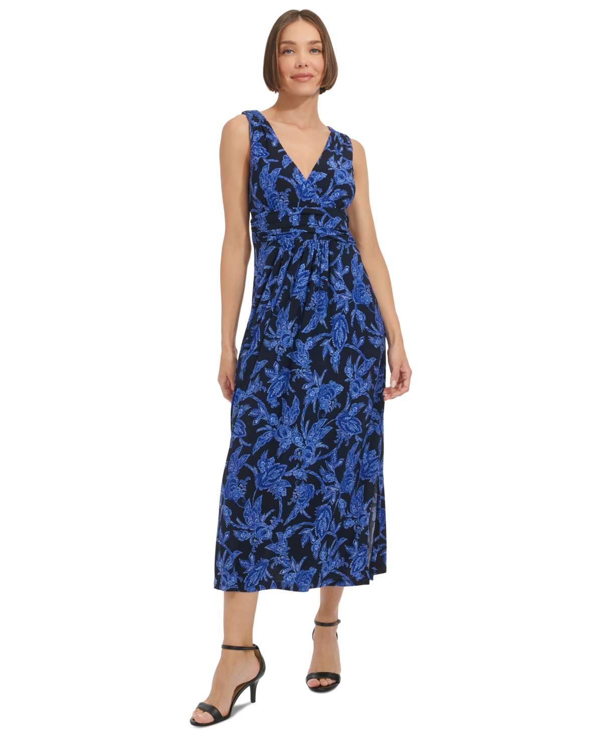 Tommy Hilfiger Women's Feathered Floral Printed V-neck Maxi Dress In Sky Captain Multi