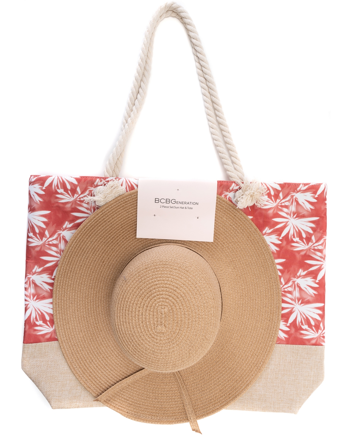 Bcbgeneration Printed Tote Bag And Floppy Hat Set In Coral
