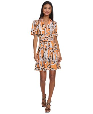 KARL LAGERFELD PARIS - Women's Printed Belted A-Line Dress