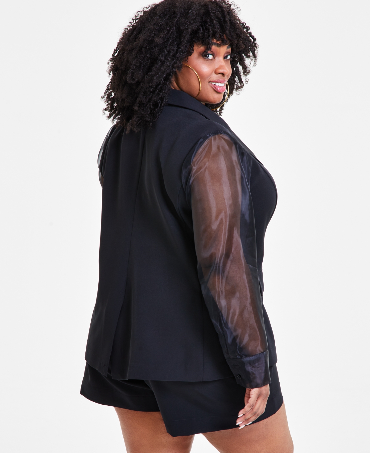 Nina Parker Trendy Plus Size Organza-Sleeve Blazer
