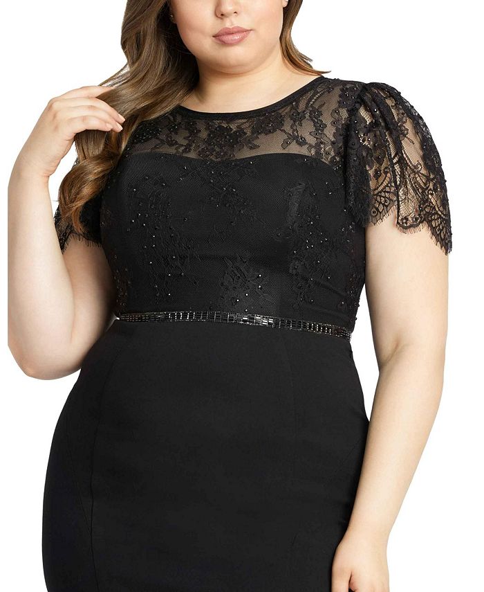 Mac Duggal Plus Size Lace Illusion High Neck Cap Sleeve Gown - Macy's