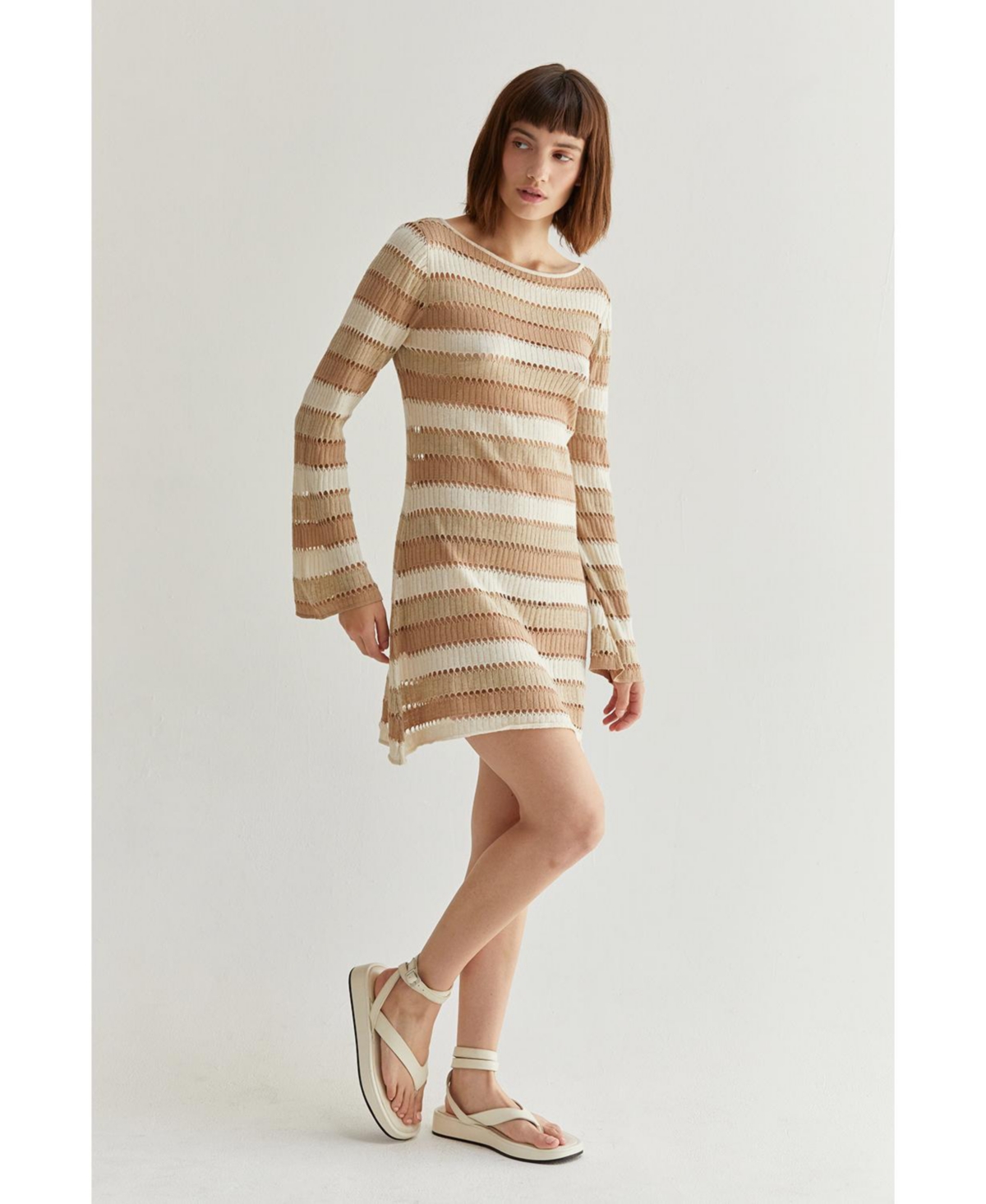 Crescent Women's Noelle Stripe Play Cover Up Mini Dress -pastel brown + tan multi