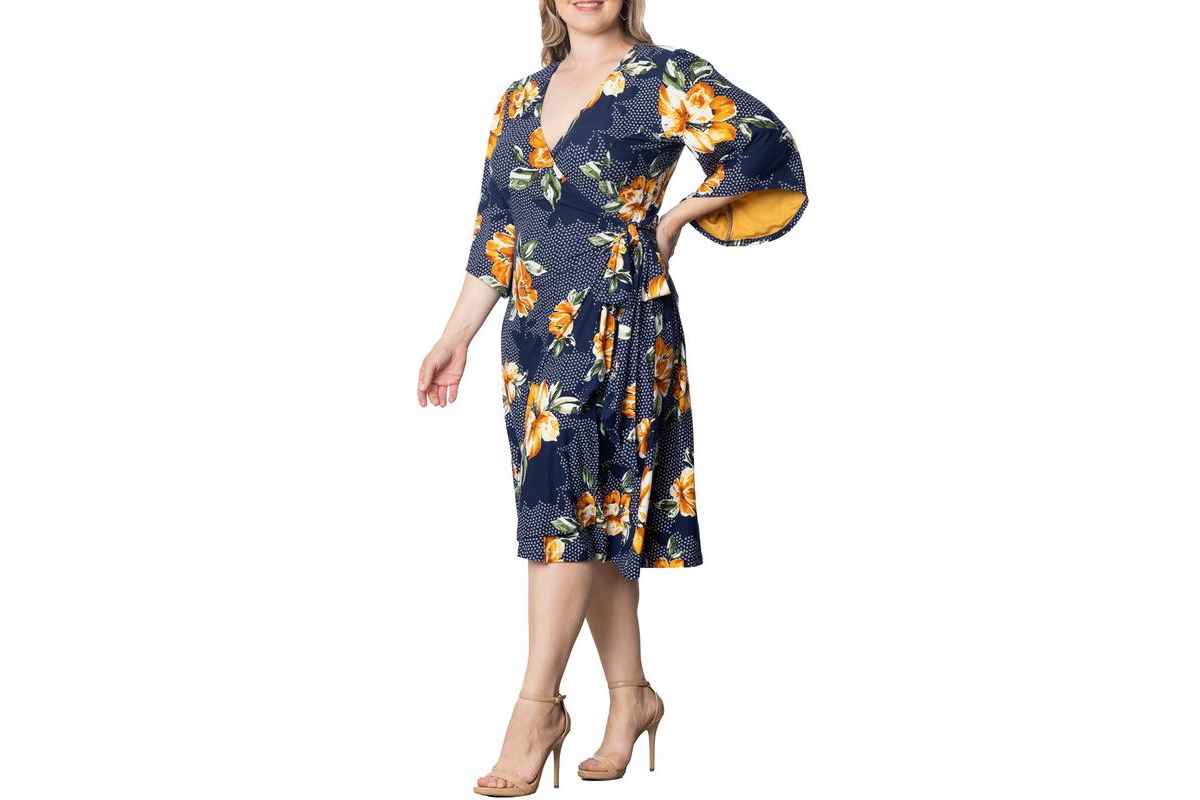 Kiyonna Plus Size Gemini Wrap Dress with Contrast Lined Sleeves