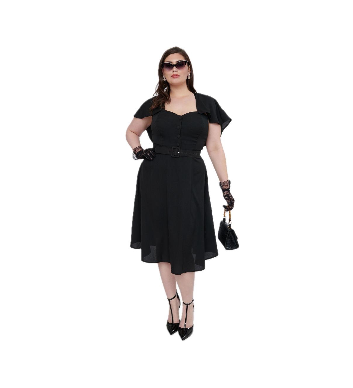 Plus Size Woven Detachable Capelet Swing Dress - Black