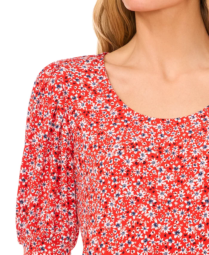 Women's Printed Shirred Scoop-Neck 3/4-Sleeve  Knit Top - thumbnail 3