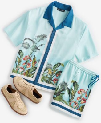 Shop Inc International Concepts Mens Thom Regular Fit Tropical Print Button Down Camp Shirt 7 Drawstring Shorts Created For Macys In Sunlit Aqua