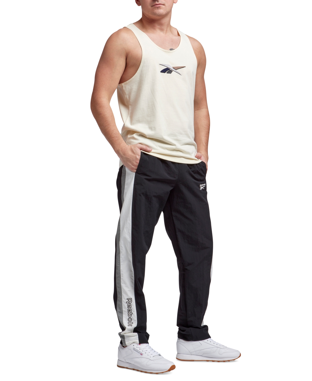 Reebok Men's Ivy League Regular-Fit Colorblocked Crinkled Track Pants -gray/white