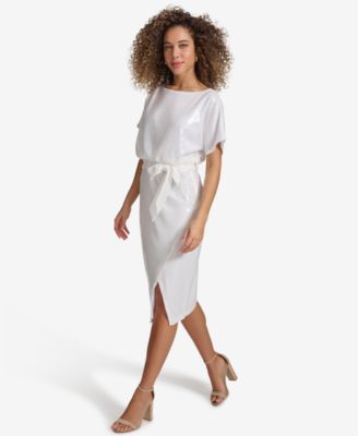 Women's Sequined Mesh Dolman-Sleeve Belted Dress