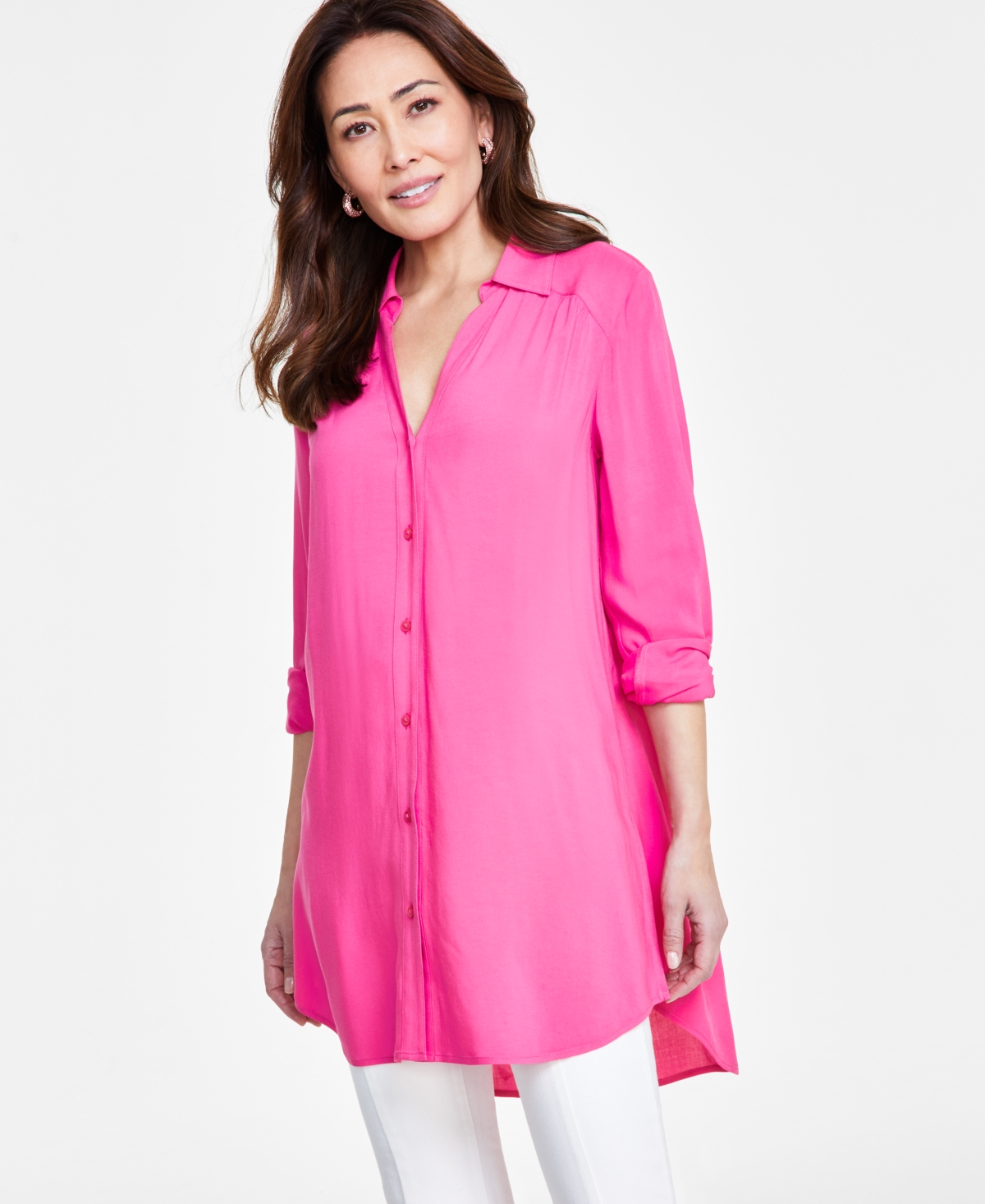 Shop Inc International Concepts Women's Roll-tab Button-down Long Blouse, Created For Macy's In Pink Glam