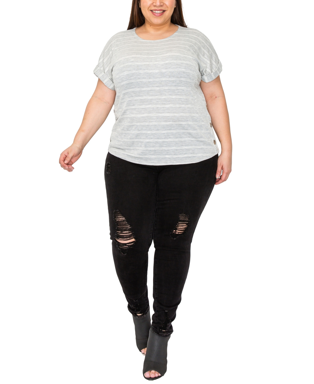 Shop Coin 1804 Plus Size Textured Jacquard Stripe Scoopneck Top In Grey Ivory