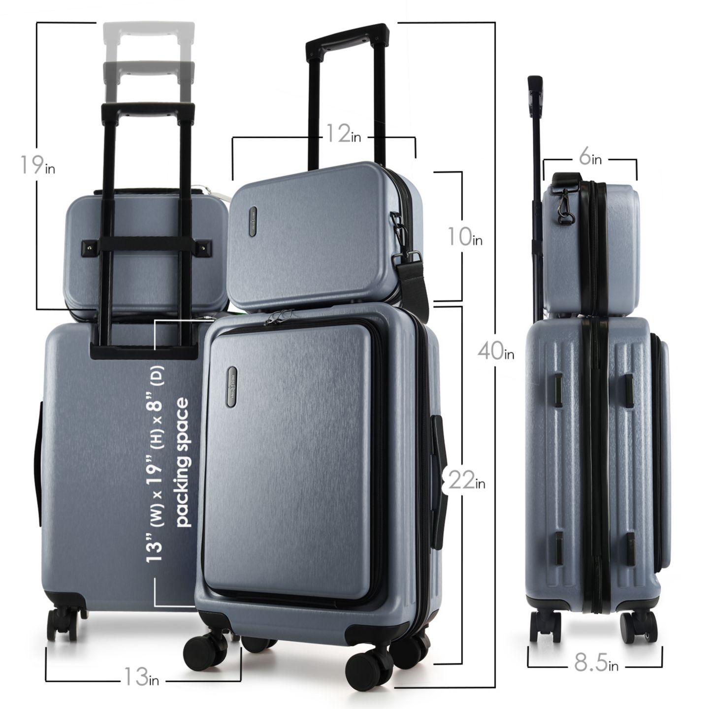 Чемоданы TravelArim 22" Hard Shell Lightweight Carry On Luggage Airline Approved with Smart Organization and Attachable Cosmetic Case, цвет: Металлик серый — фото 3